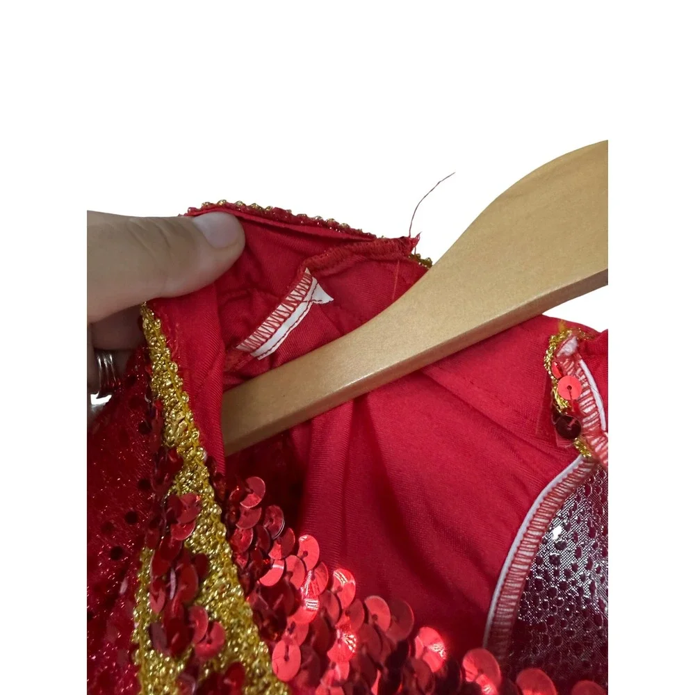 VTG Red Sequin Long Sleeve Dance Costume Dress Gold Trim Girls Medium